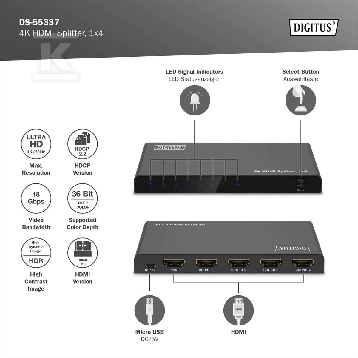 Rozdzielacz / Splitter HDMI 1x4, - DS-55337