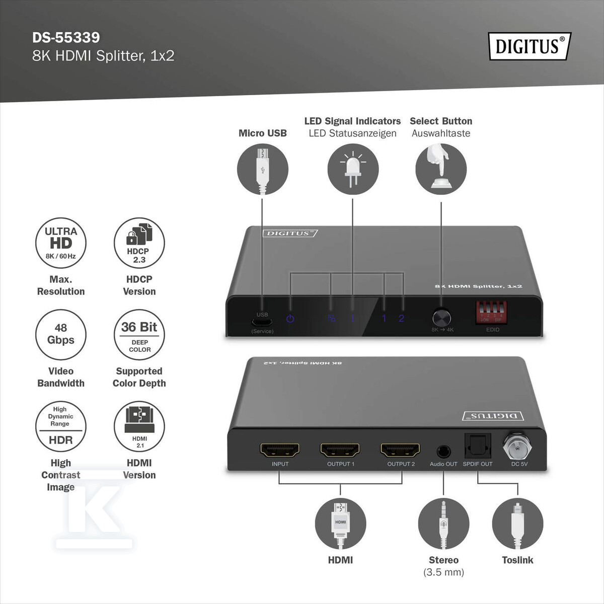 Rozdzielacz / Splitter HDMI 1x2, - DS-55339