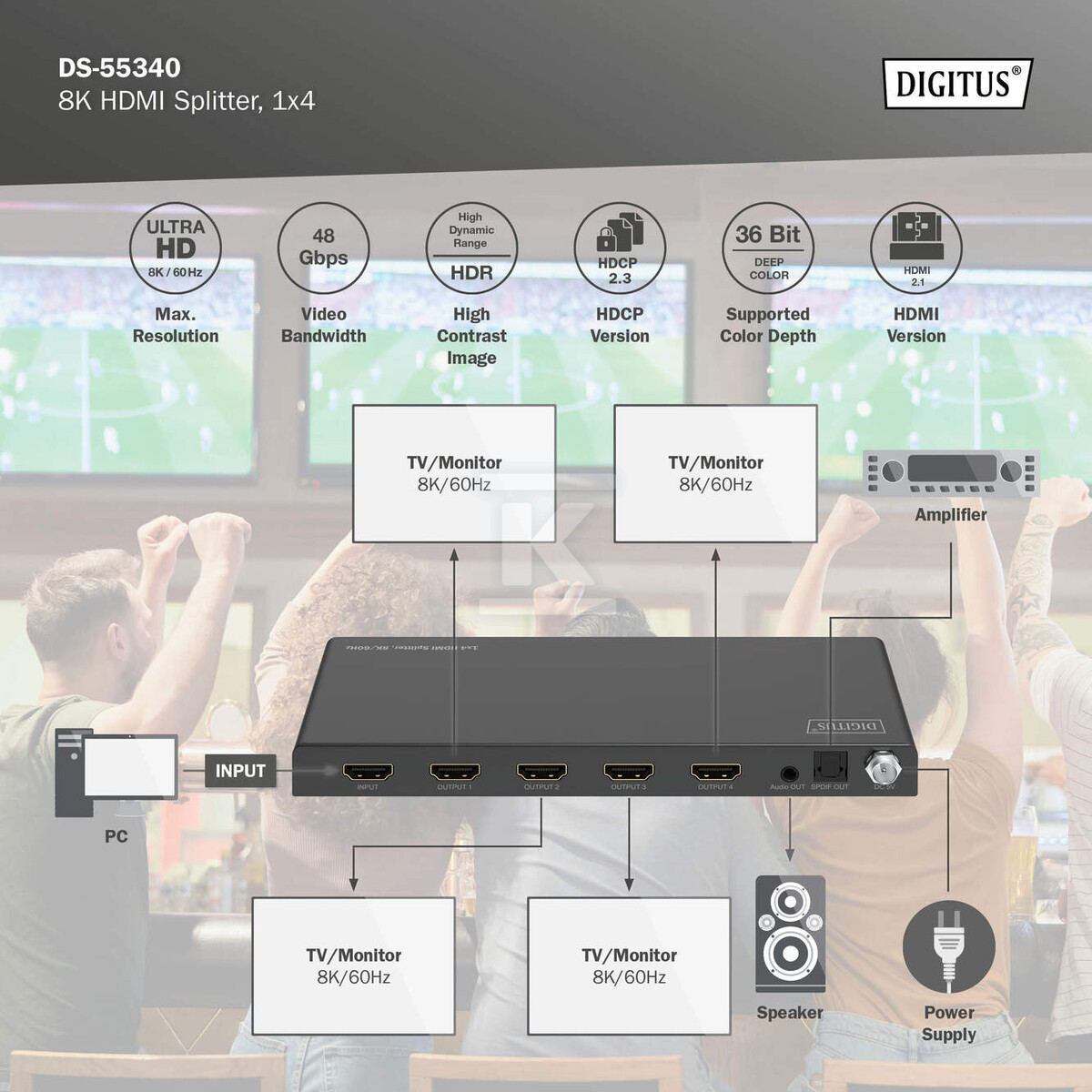 Rozdzielacz / Splitter HDMI 1x4, - DS-55340