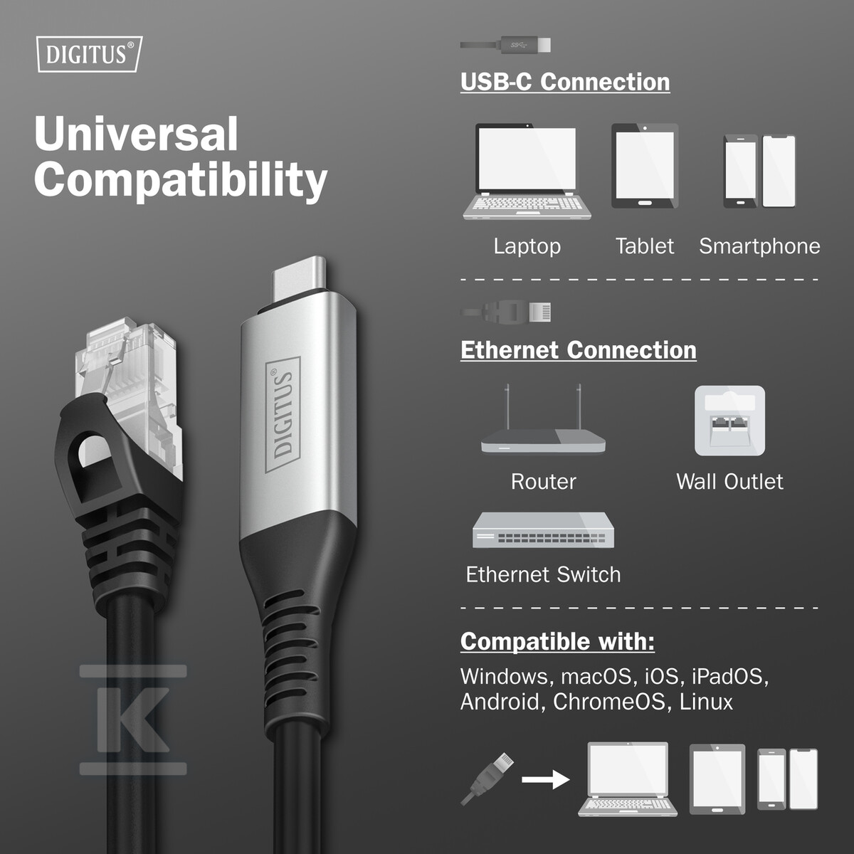 Kabel adapter USB-C – RJ45 Kat. 6A - AK-300601-100-S