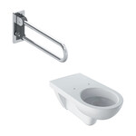 Wisząca miska WC Selnova Comfort lejowa, B35.5 cm, H34 cm, T70 cm, długa, łazienka bez barier Lehnen Concept Pro poręcz ścienna łukowa uchylna, L70cm, stal nierdzewna gładka