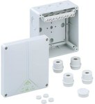 Пластикова коробка поверхневого монтажу, 'ABOX 100 140X140X79 IP65, сіра, з планкою (гвинтова клема, 5-контактна) на 10 мм2