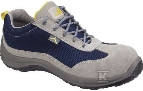 Deltaplus safety shoes made of split velor and MESH polyester, sole made of two-layer PU with different densities, toe cap and gray-blue composite insole. 36