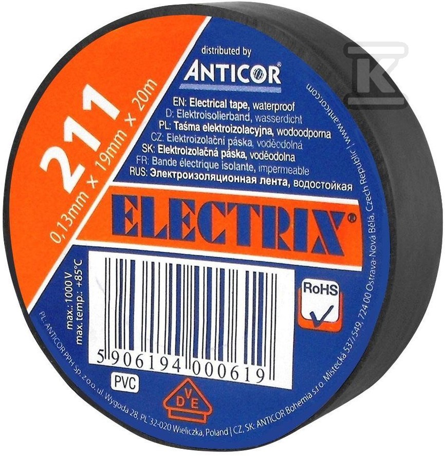 Bandă ELECTRIX 211, neagră 19 mm x 20 m - PE-2112001-0019020