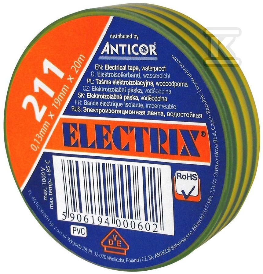 Taśma ELECTRIX 211, żółto-zielona 19 mm - PE-2112000-0019020