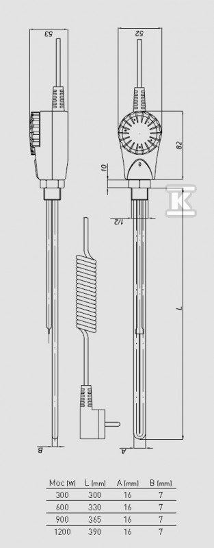 Elektromos fűtőtest 300W GRBT, 1/2" - W-032