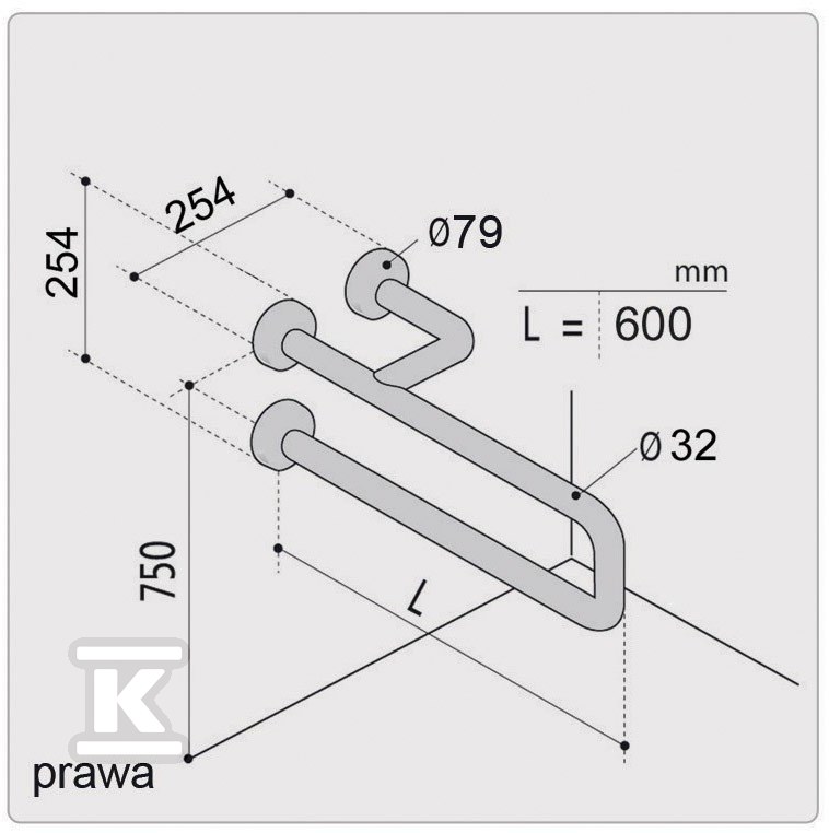 Poręcz kątowa Ergoplus, 60 cm, wersja - RN18P