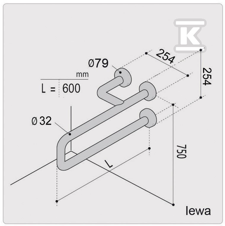 Poręcz kątowa Ergoplus, 60 cm, wersja - RN18L