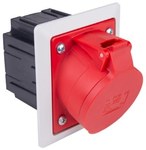 Red oblique panel socket 16A 5P with a flush-mounted box and a frame