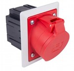 Red oblique panel socket 32A 5P with a flush-mounted box and a frame