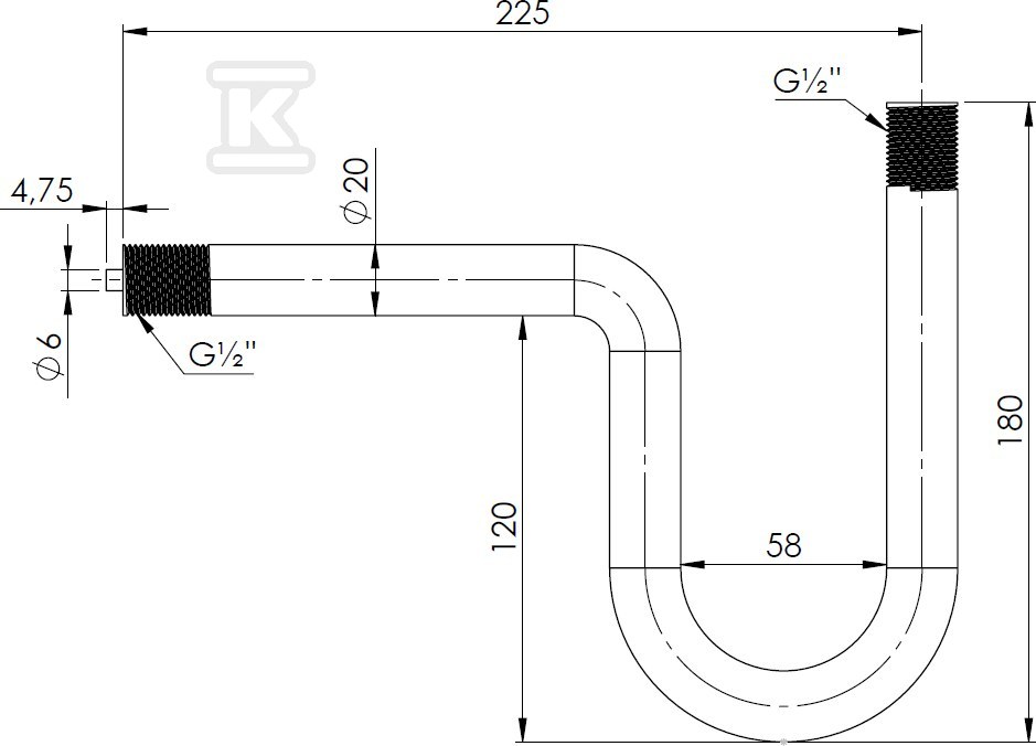 Siphon U-tube, 2x G1/2", PN25 - 6308510