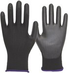 Gray polyester gloves with polyurethane coating on palm and fingertips, breathable front side, size 10