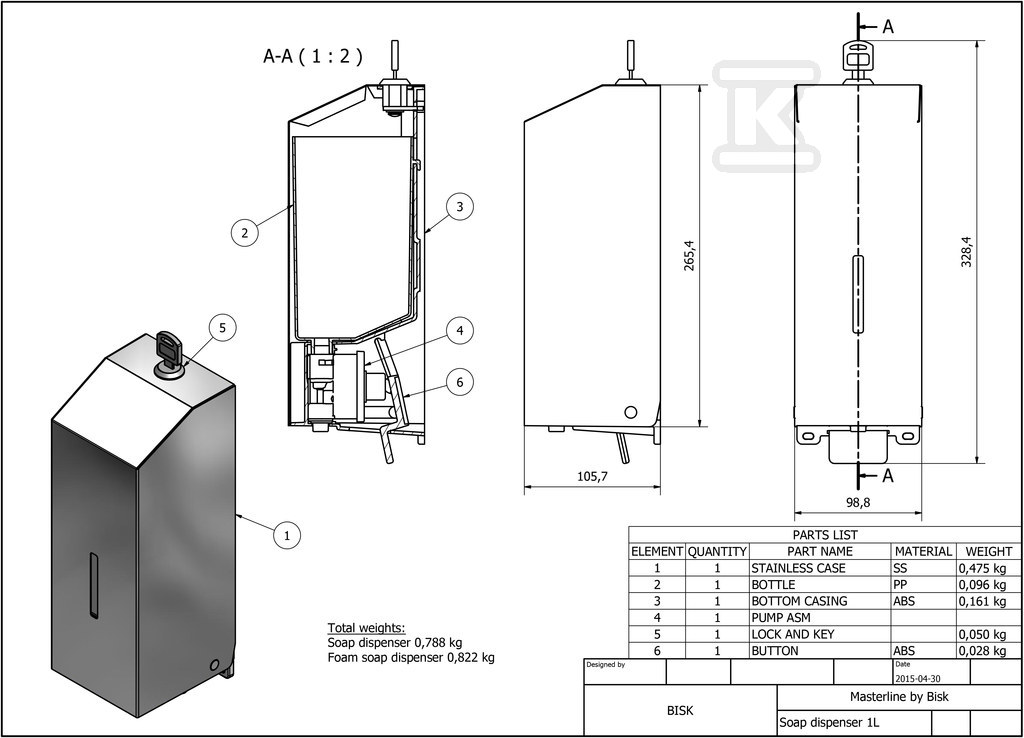 Soap dispenser D1, 1L satin steel / - 04957