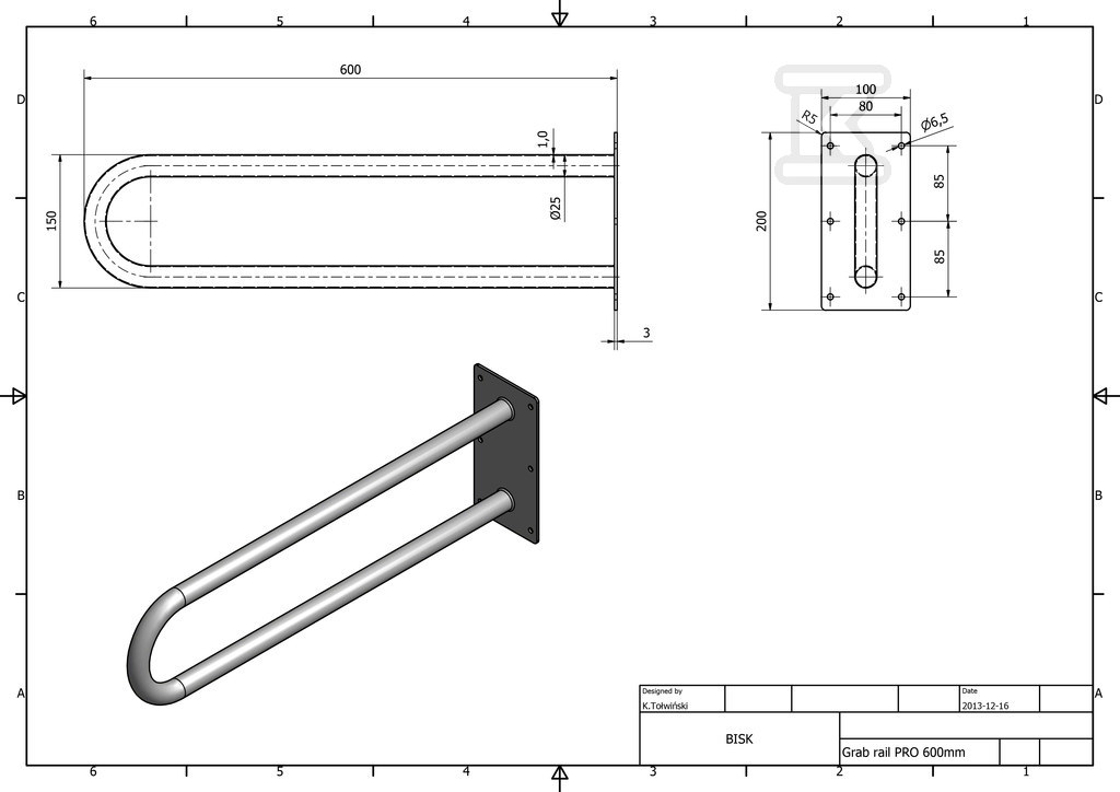 Fixed handrail "PRO" 600 mm white - 05498