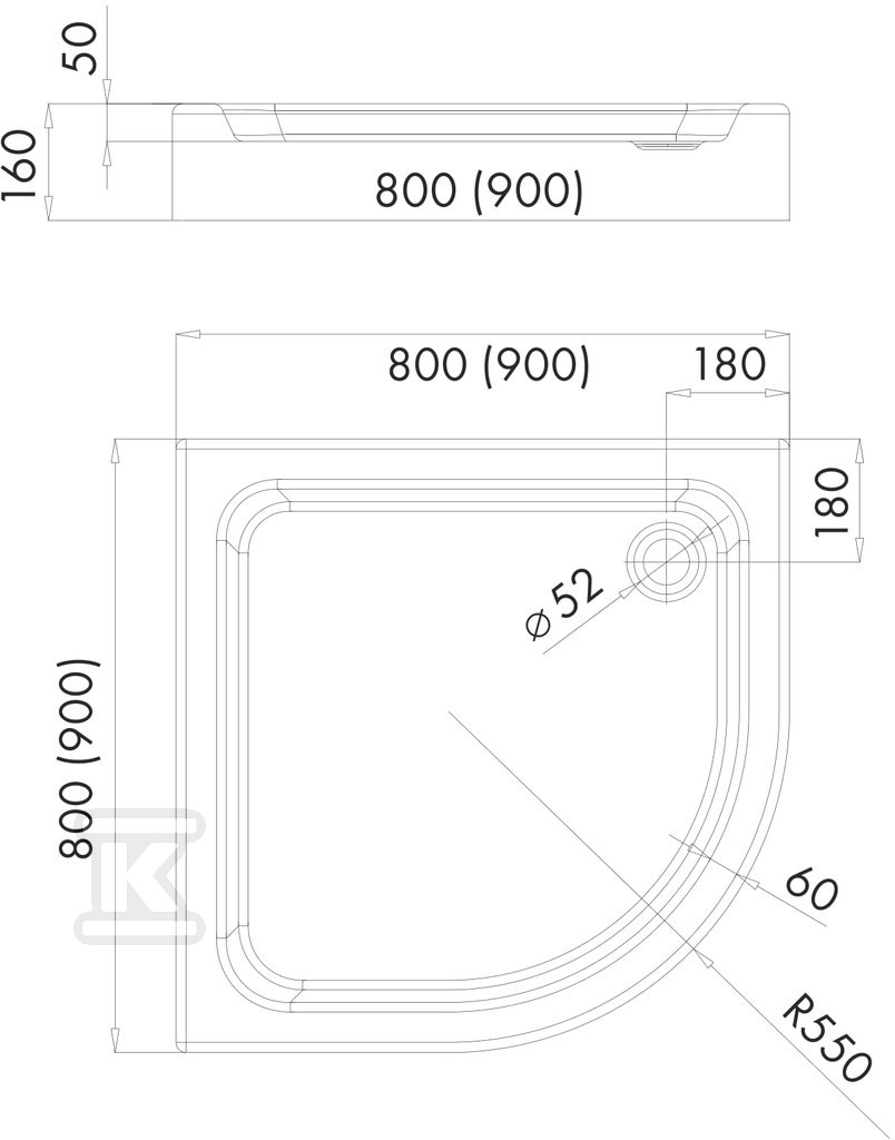 Online Duschwanne 80x80 cm halbrund R55 - 15848372