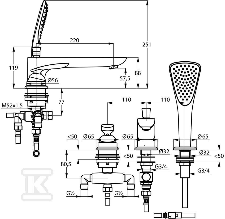 Bateria wannowo-prysznicowa Kludi - 524470575