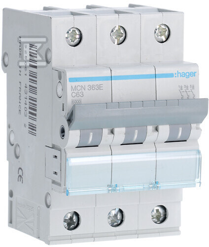 MCB, 6kA, C curve, 3 poles, 63A - MCN363E