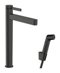 Bateria umywalkowa 260 z główką Bidette i wężem 160 cm, komplet odpływowy Push-Open Finoris czarny chrom Szczotkowany