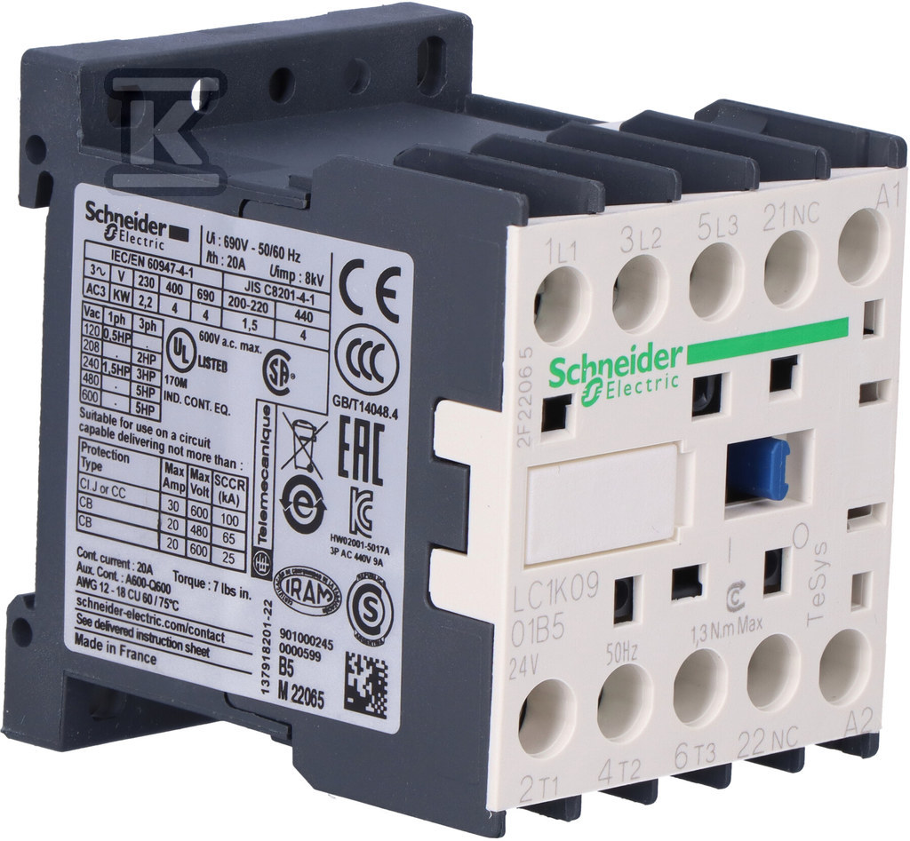 Contactor de putere TeSys K AC3 9A 3P - LC1K0901B5