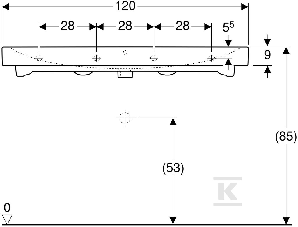 Umywalka iCon 120 cm, bez otworu - 124025000