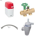 Zmiękczacz kompaktowy z elektronicznym sterowaniem objętościowym NEW ONNLINE 15 w zestawie razem z armaturą przyłączeniową MULTIBLOCK INLINE, wężami przyłączeniowymi 25/20 oraz syfonem do odprowadzania popłuczyn