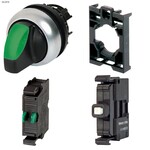 Przełącznik podświetlany zielony 2 położenia z samopowrotem 230V + łącznik mocujący + element stykowy 1Z + dioda LED zielona U=230V