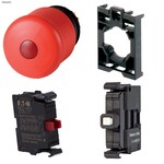 Przycisk bezpieczeństwa podświetlany odblokowanie przez pociągnięcie + łącznik mocujący + element stykowy 1R + dioda LED czerwona U=230V