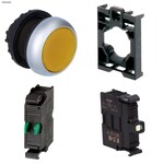 Przycisk podświetlany z samopowrotem płaski żółty 24V + łącznik mocujący + element stykowy 1Z + dioda LED biała U=24V