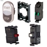 Przycisk podwójny podświetlany czarny START/STOP z samopowrotem płaski 230V + łącznik mocujący + element stykowy 1Z + element stykowy 1R + dioda LED biala U=230V