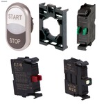 Przycisk podwójny podświetlany czarny START/STOP z samopowrotem płaski 24V + łącznik mocujący + element stykowy 1Z + element stykowy 1R + dioda LED biała U=24V