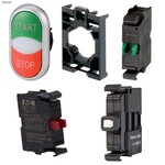 Przycisk podwójny podświetlany START/STOP z samopowrotem płaski 230V + łącznik mocujący + element stykowy 1Z + element stykowy 1R + dioda LED biala U=230V
