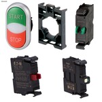 Przycisk podwójny podświetlany START/STOP z samopowrotem płaski 24V + łącznik mocujący + element stykowy 1Z + element stykowy 1R + dioda LED biała U=24V