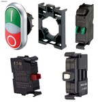 Przycisk podwójny podświetlany I/O z samopowrotem płaski 230V + łącznik mocujący + element stykowy 1Z + element stykowy 1R + dioda LED biala U=230V