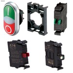 Przycisk podwójny podświetlany I/O z samopowrotem płaski 24V + łącznik mocujący + element stykowy 1Z + element stykowy 1R + dioda LED biała U=24V