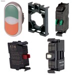 Przycisk podwójny podświetlany z samopowrotem płaski 230V + łącznik mocujący + element stykowy 1Z + element stykowy 1R + dioda LED biala U=230V