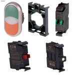 Przycisk podwójny podświetlany z samopowrotem płaski 24V + łącznik mocujący + element stykowy 1Z + element stykowy 1R + dioda LED biała U=24V