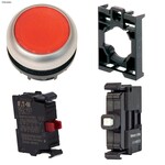 Przycisk podświetlany bez samopowrotu (zm.) płaski czerwony 230V + łącznik mocujący + element stykowy 1R + dioda LED czerwona U=230V