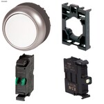 Przycisk podświetlany z samopowrotem płaski biały 24V + łącznik mocujący + element stykowy 1Z + dioda LED biała U=24V