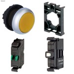 Przycisk podświetlany z samopowrotem płaski żółty 230V + łącznik mocujący + element stykowy 1Z + dioda LED biala U=230V