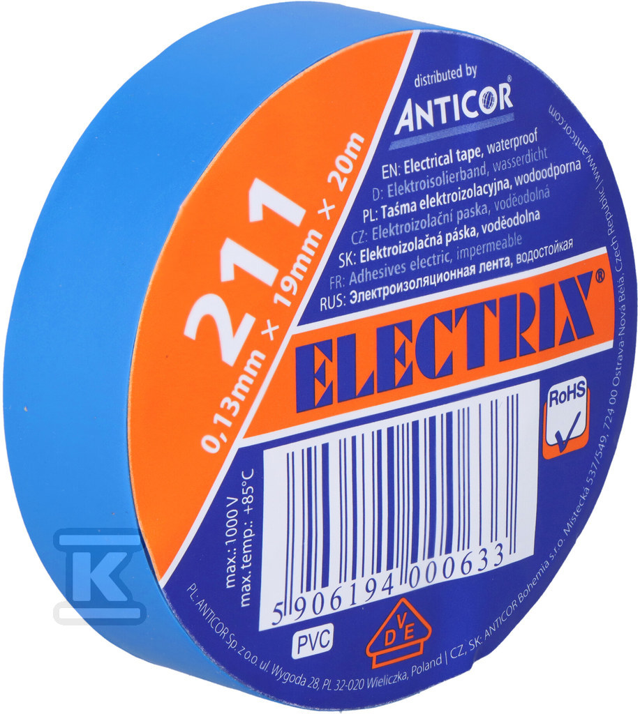 ELECTRIX 211 szalag, kék 19 mm x 20 m - PE-2112003-0019020