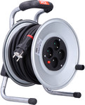 Single-phase coiled extension cord on a steel drum, "Jawor" type - input 30 meters H05RR-F 3x2.5 (ow) rubber plug 16A output 4xGS with IP20 thermic