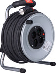 Single-phase coiled extension cord on a steel drum, "Jawor" type - input 50 meters H05RR-F 3x2.5 (ow) rubber plug 16A output 4xGS with IP20 thermic