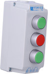 Cutie de control cu 3 orificii cu buton ascuns verde (1NO), roșu (1NC), verde (1NO), 1 presetupă metric M20