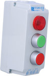 Cutie de control cu 3 orificii cu lampă roșie 230V, buton roșu acoperit (1NC), buton verde acoperit (1NO), 1 presetupă metric M20