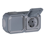 Gniazdo podwójne z uziemieniem Schuko 2x2P+Z, poziome, komplet natynkowy 16A-250V~ - szare, NOWE PLEXO 55