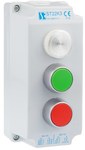 Cutie de control cu 3 orificii cu lampă verde 230V, buton roșu acoperit (1NC), buton verde acoperit (1NO), 1 presetupă metric M20