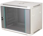 Függesztett rack szekrény 19" 12U 600x450,, osztatlan, egyszárnyú üvegajtó, teljes hátsó burkolat, zárható oldalburkolatok, szürke