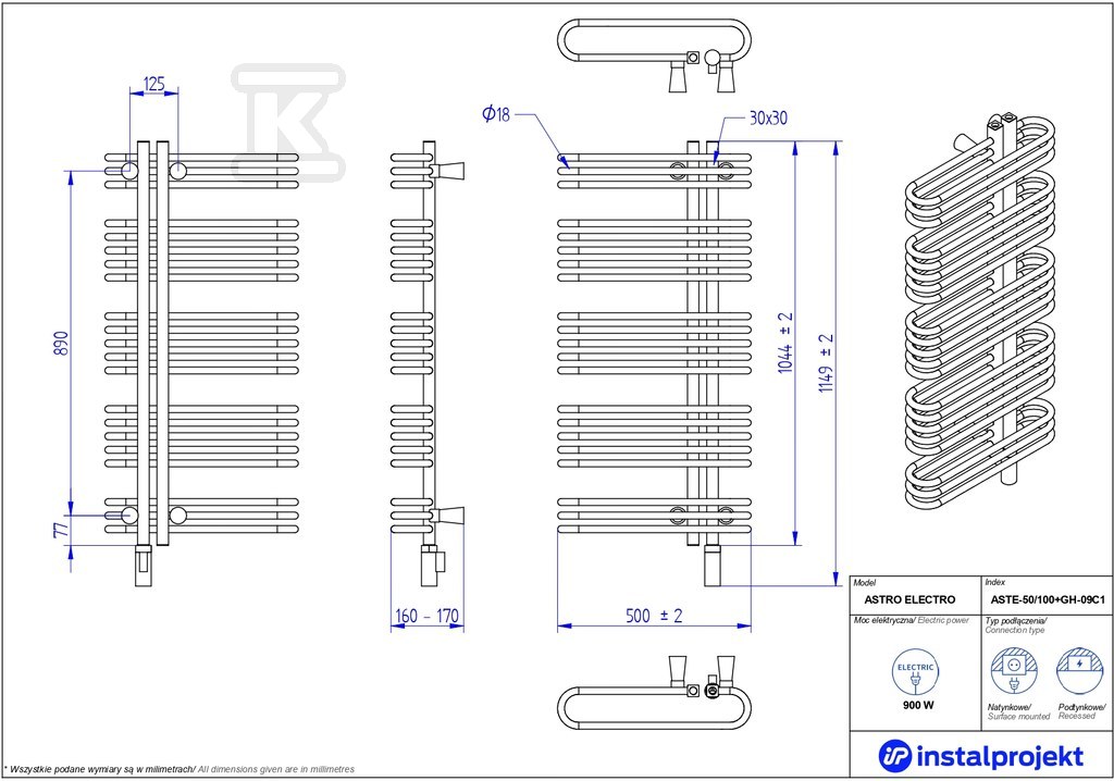 Grzejnik elektryczny Instal Projekt - ASTE-50/100+GH-09C1