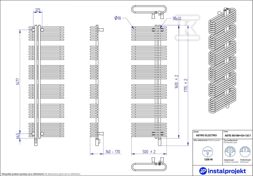 Grzejnik elektryczny Instal Projekt - ASTE-50/160C34+GH-12C1