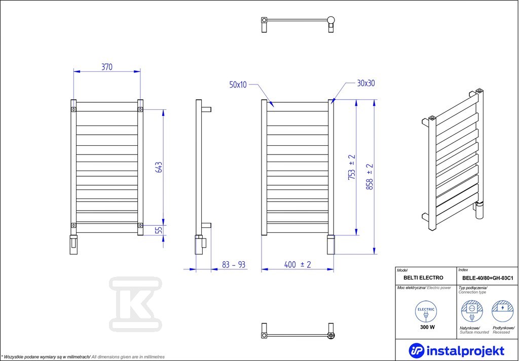 Grzejnik elektryczny Instal Projekt - BELE-40/80C34+GH-03C1